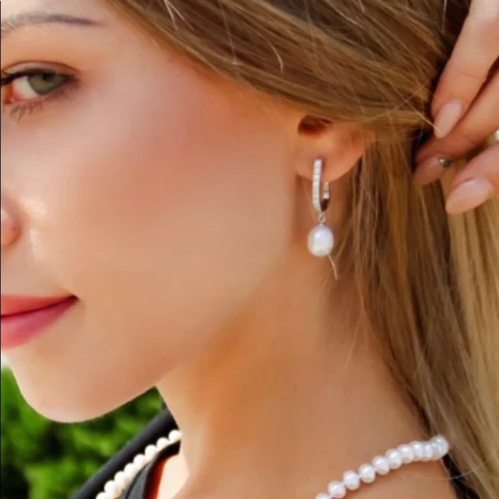 925S Sterling Silver White Cultured Freshwater Pearl Dangle Drop Earrings - Picture 6 of 12